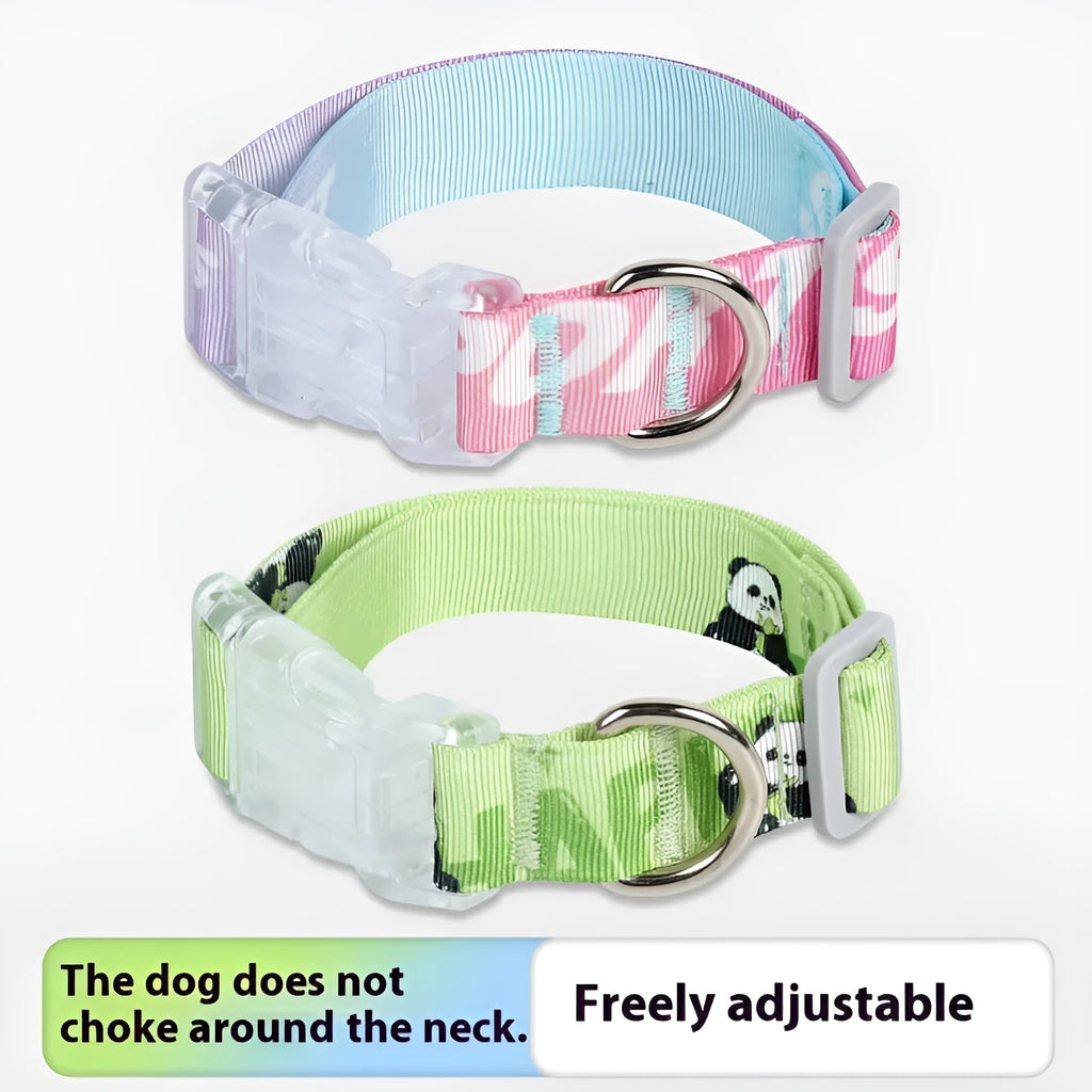 Adjustable nylon dog collar with cartoon gradient printing in S, M, and L sizes for small to medium dogs