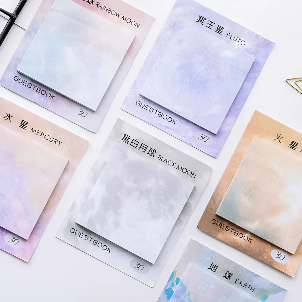 Square planet sticky notes notepad showing astronomical oil painting designs including various planetary imagery