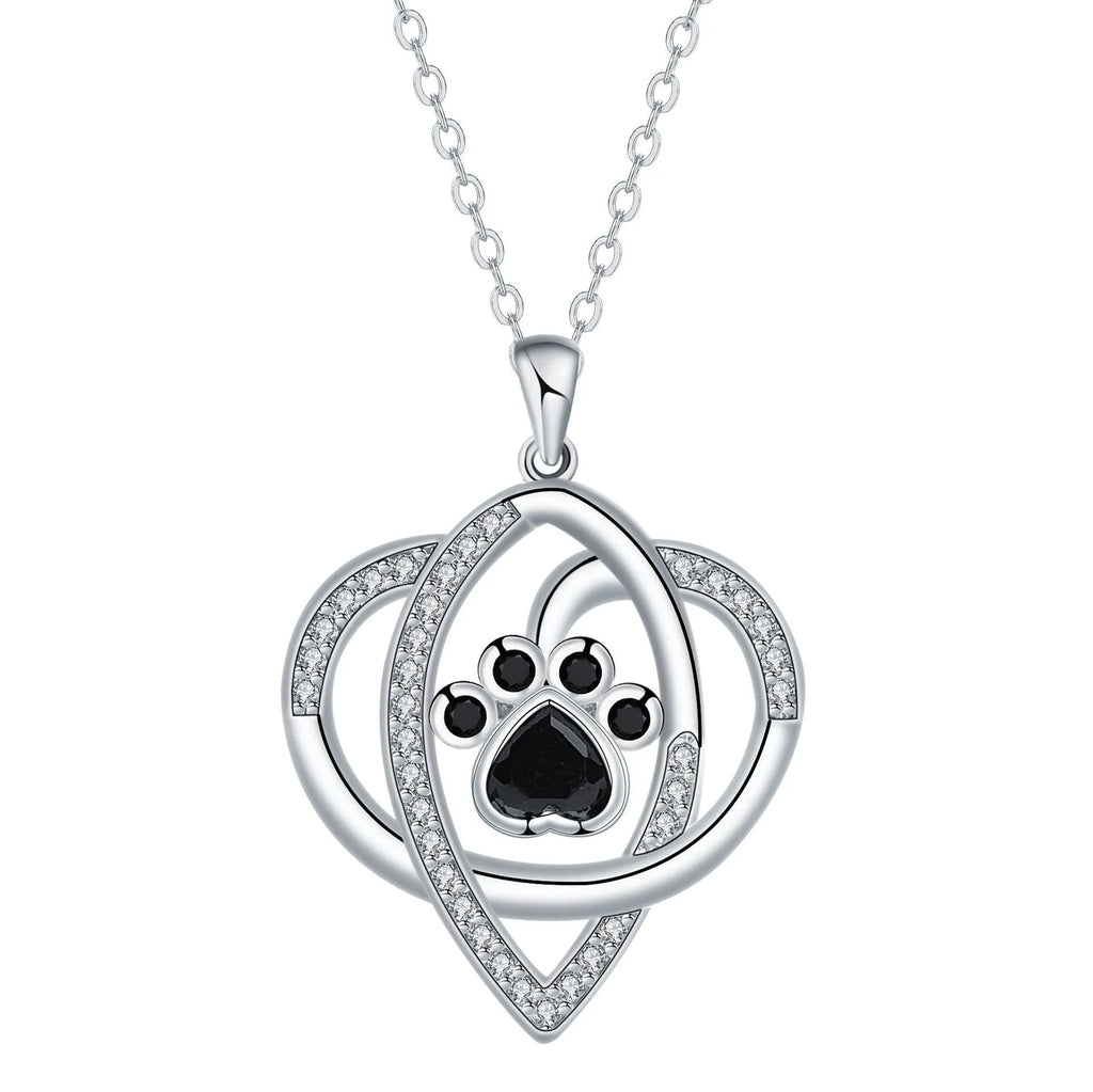 Silver tone necklace with cat and dog paw print pendant on cross chain for women