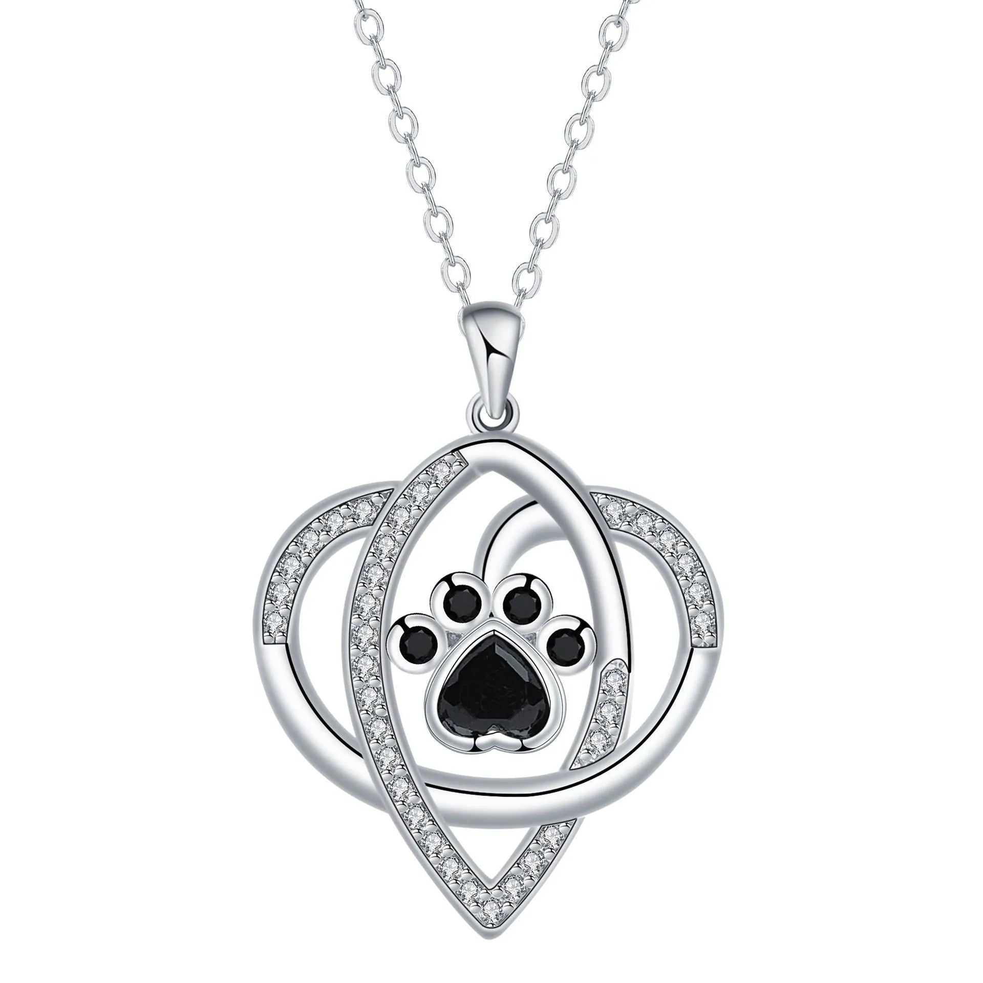Silver tone necklace with cat and dog paw print pendant on cross chain for women
