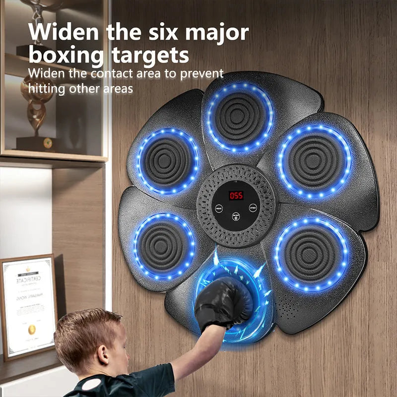 Black smart boxing target with LED lights and Bluetooth connectivity including half-finger gloves
