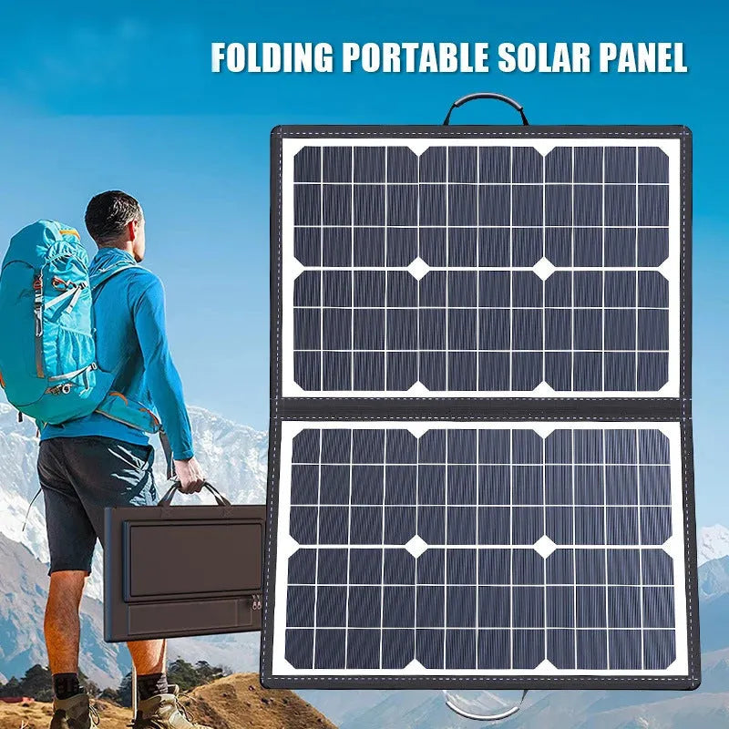 Black foldable solar charger bag showing 40W single crystal panel, folded to compact size for camping.