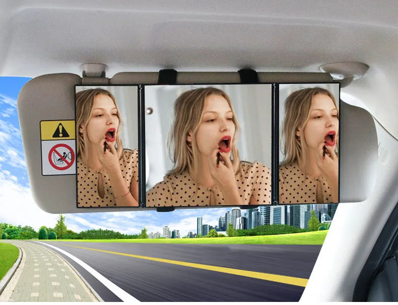 Silver folding car visor makeup mirror shown both open and closed.