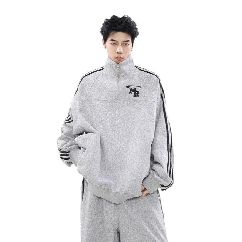 Black Hong Kong style stand collar polyester hoodie jacket for men's sports and casual wear