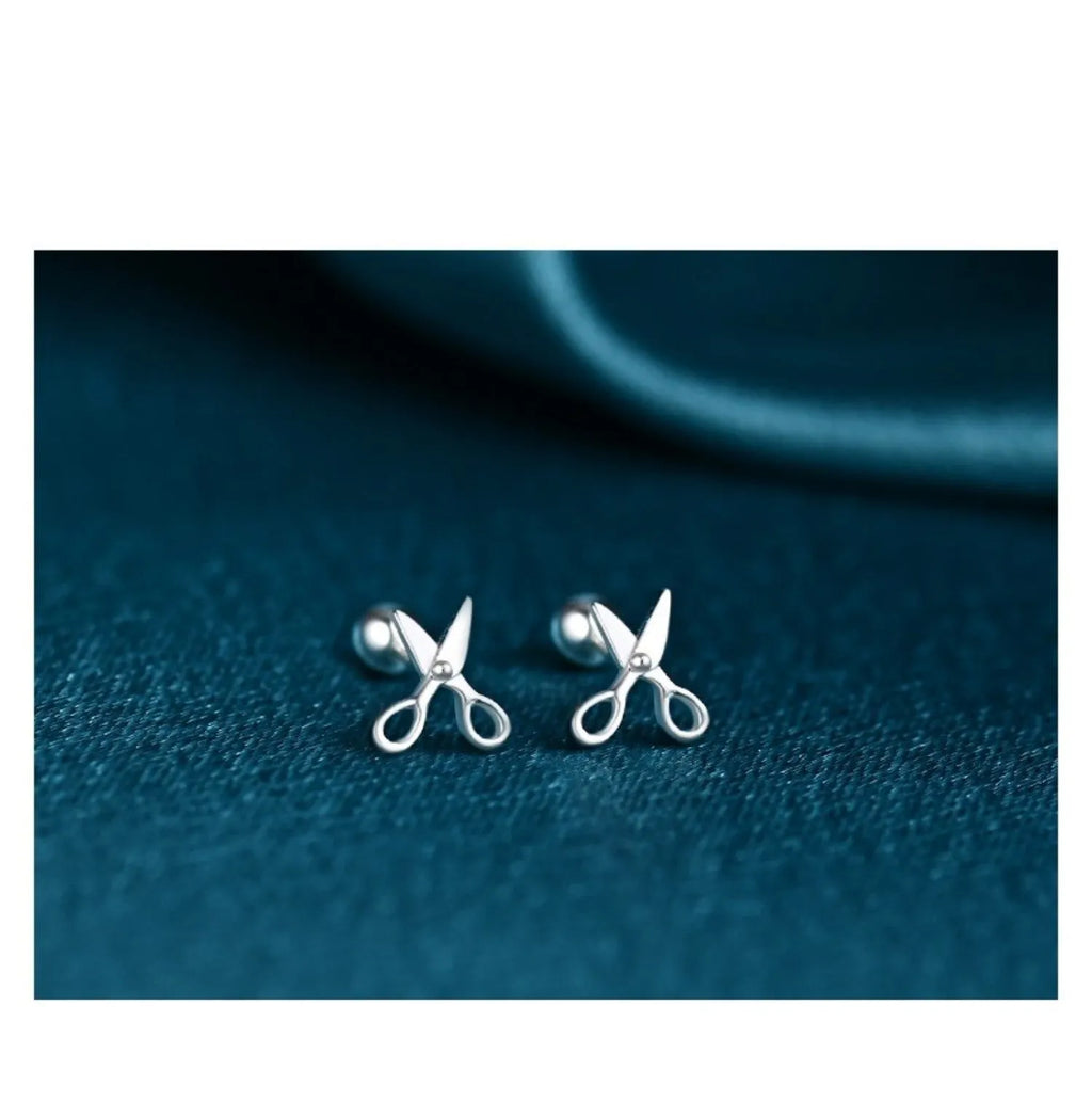 S999 pure silver screw-style ear nails with miniature scissors detailing for women