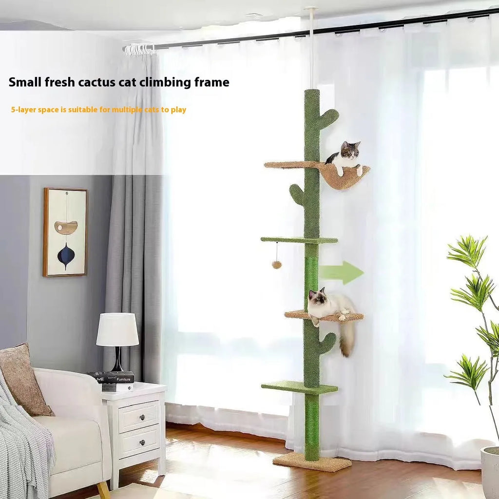 Tall solid wood cat climbing frame with integrated scratch board and a cosy cat nest.