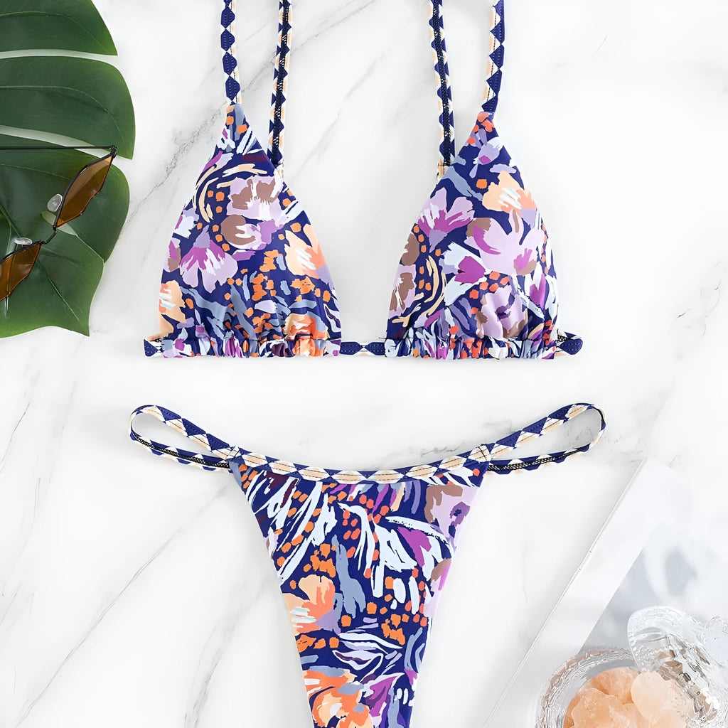Women's floral print polyester triangle bag style swimsuit with briefs cut