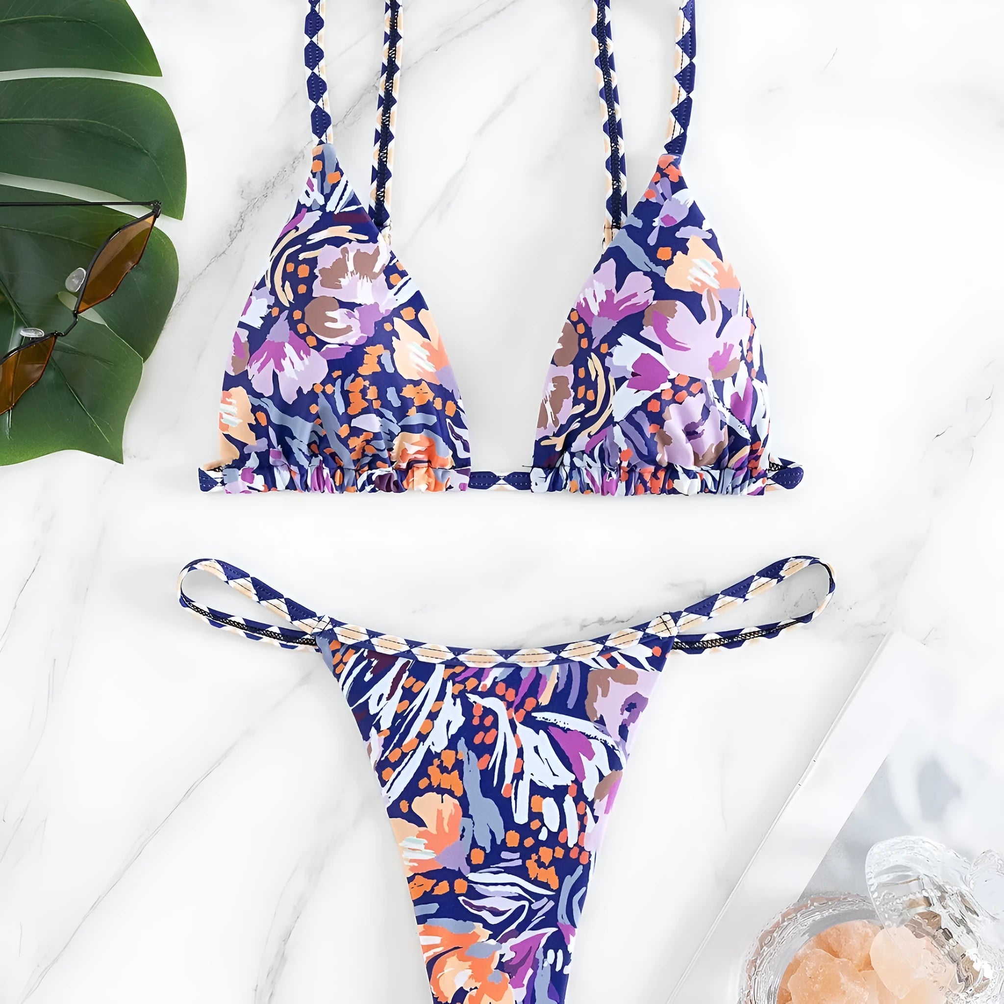 Women's floral print polyester triangle bag style swimsuit with briefs cut