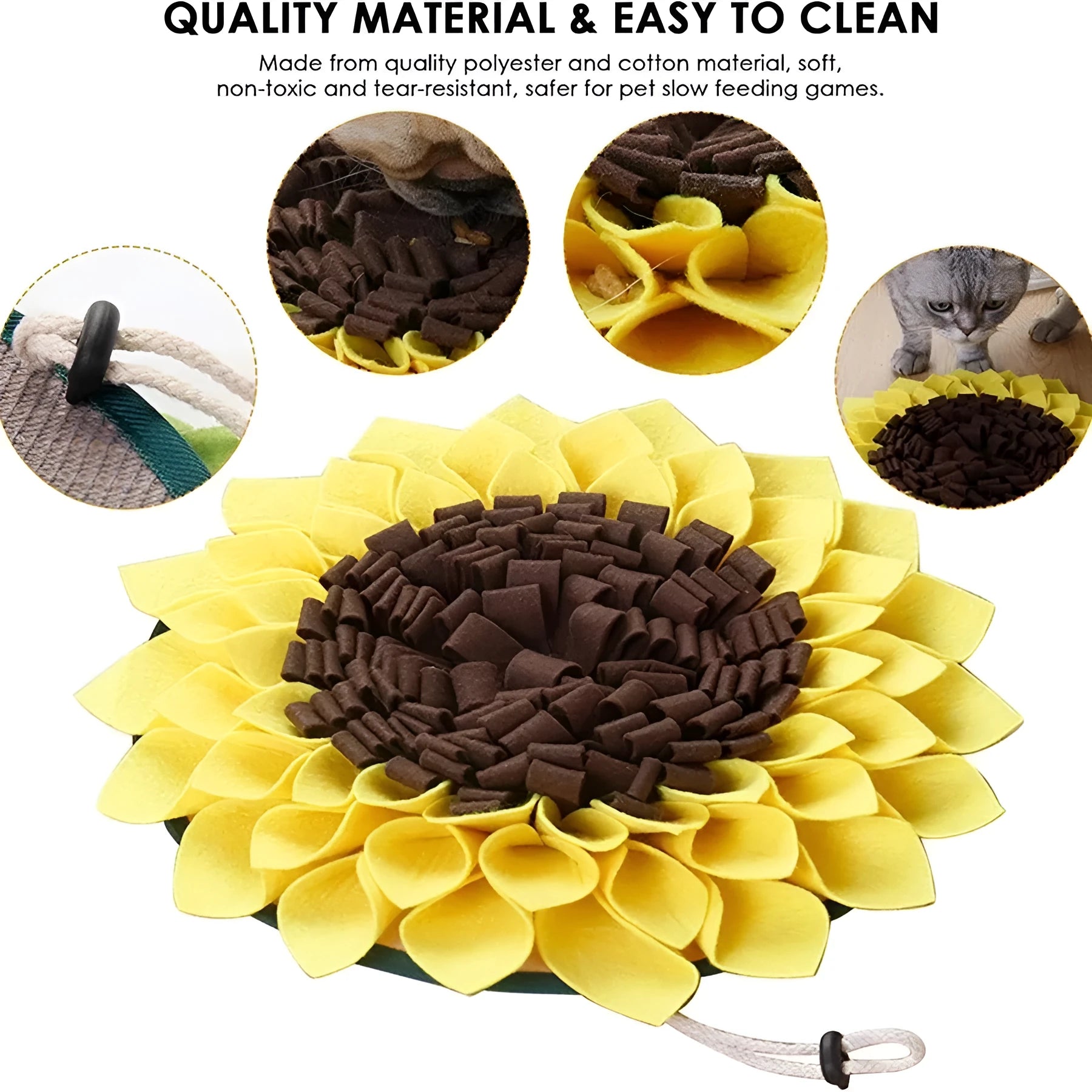 Yellow sunflower-shaped dog snuffle mat measuring 37.5x37.5x4 cm with rope buckle attachment