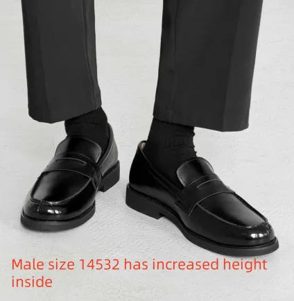 Men's classic black slip-on derby shoes with height-increasing insole, microfiber upper, rubber sole