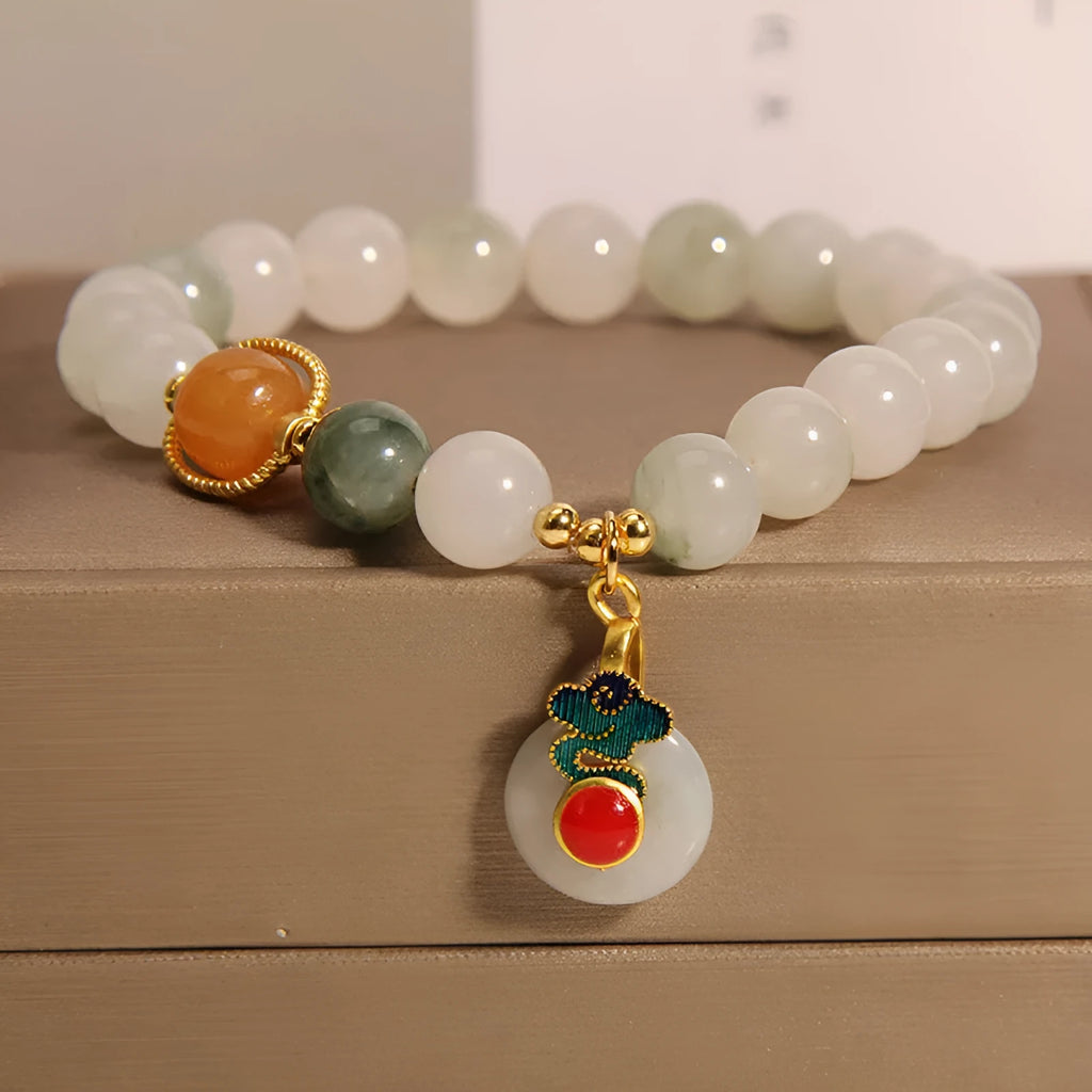 Women's adjustable ice jade bracelet with pearl accents and xiangyun jade buckle