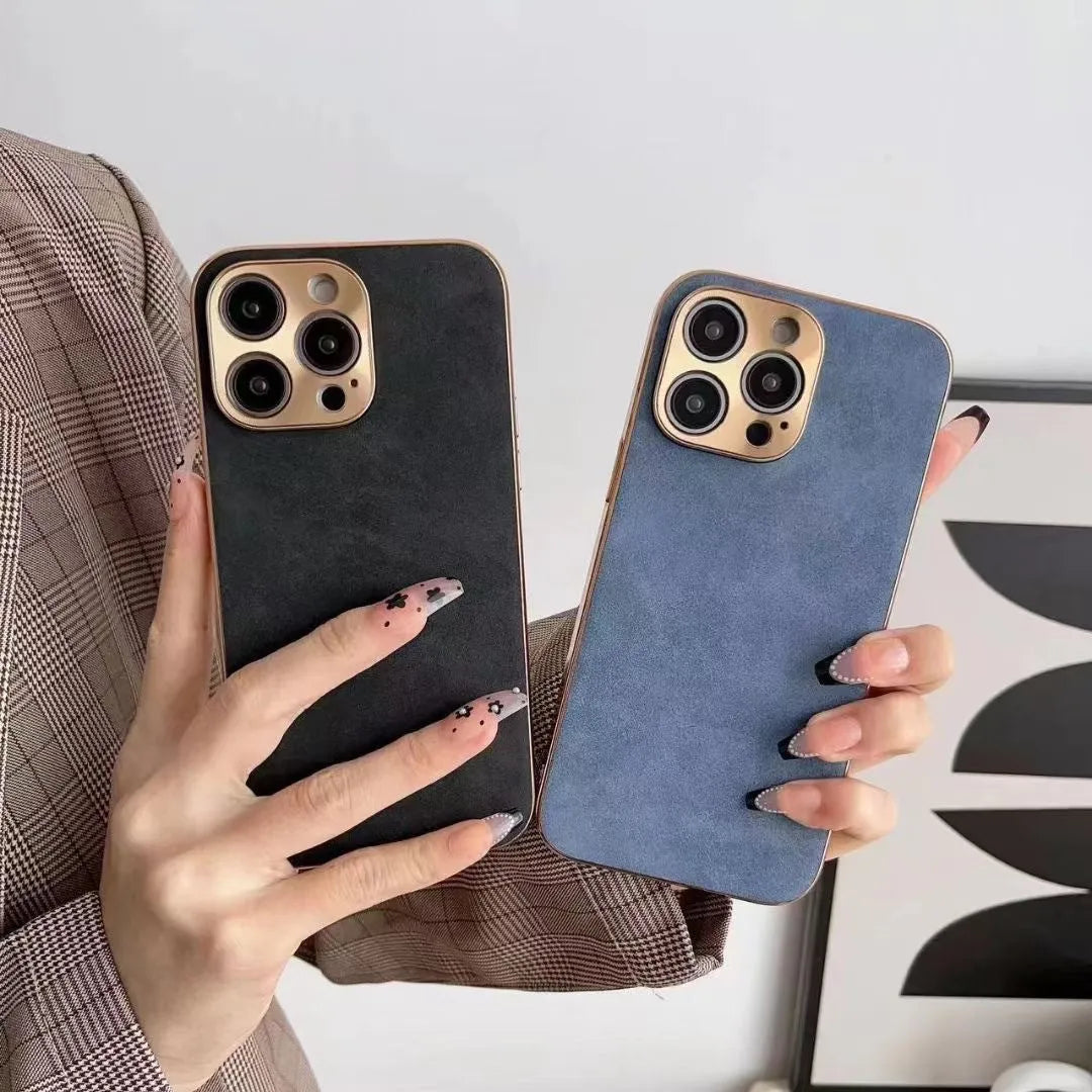 Leather texture TPU phone case for iPhone in solid grey, black, blue, or grey-green colour.