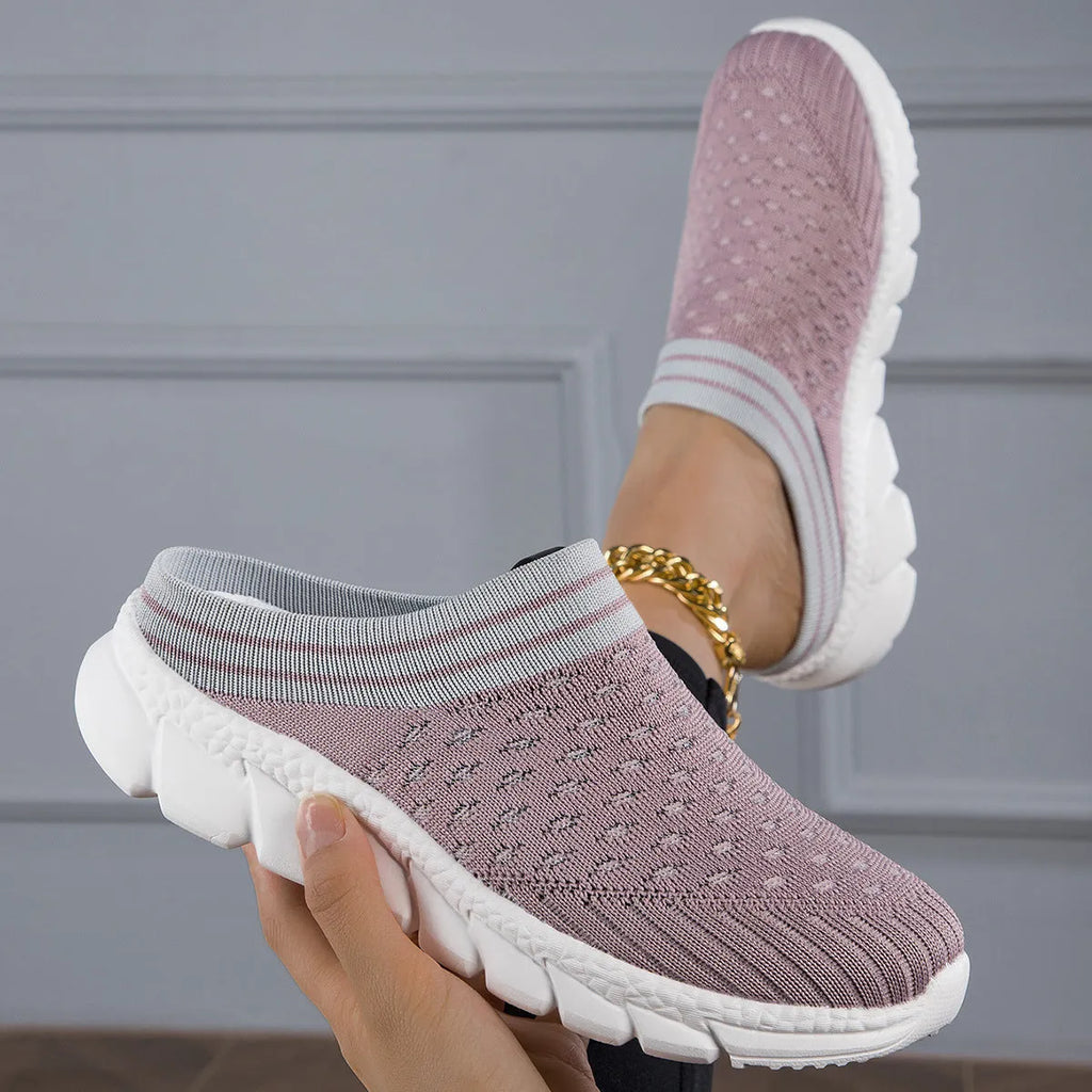 Women's striped Flyknit slipper shoes with hollowed-out pattern in black, pink, and purple colours