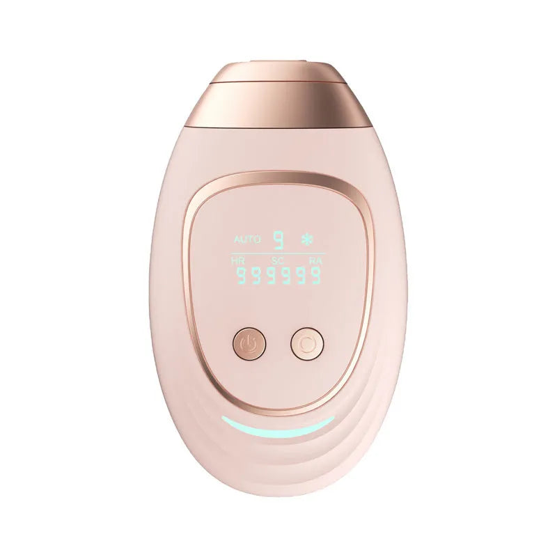 Pink and white laser hair removal device with ice-sensing technology and shaver attachment