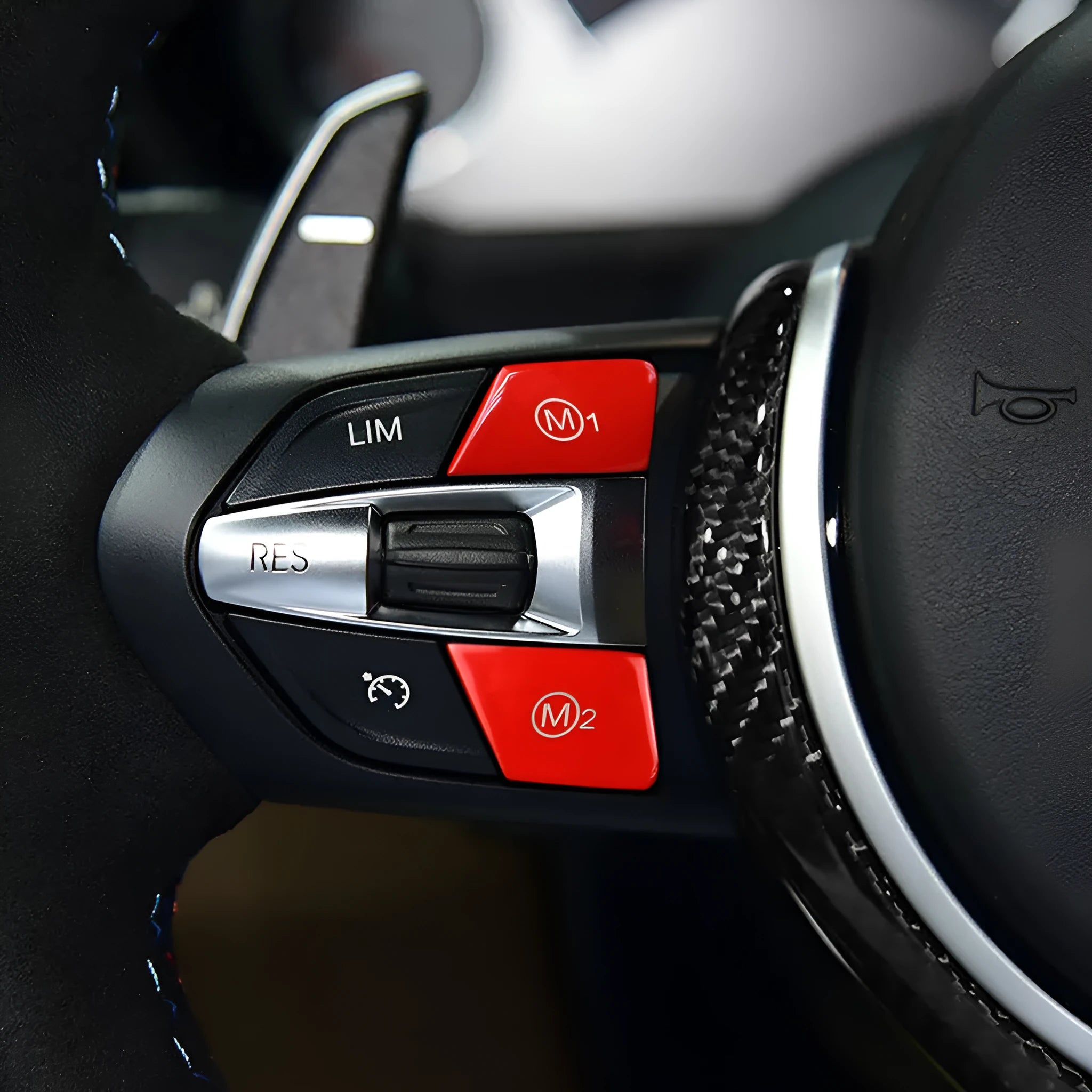 BMW steering wheel M1 and M2 mode button accessories in red and blue colour options