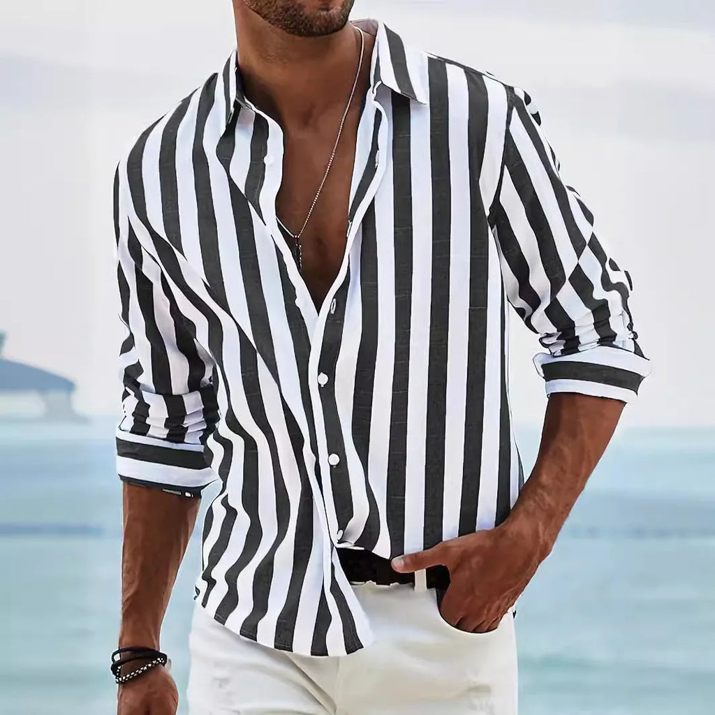 Men's loose-fit striped casual long-sleeved shirt in British cardigan style, shown in a selection of colours.