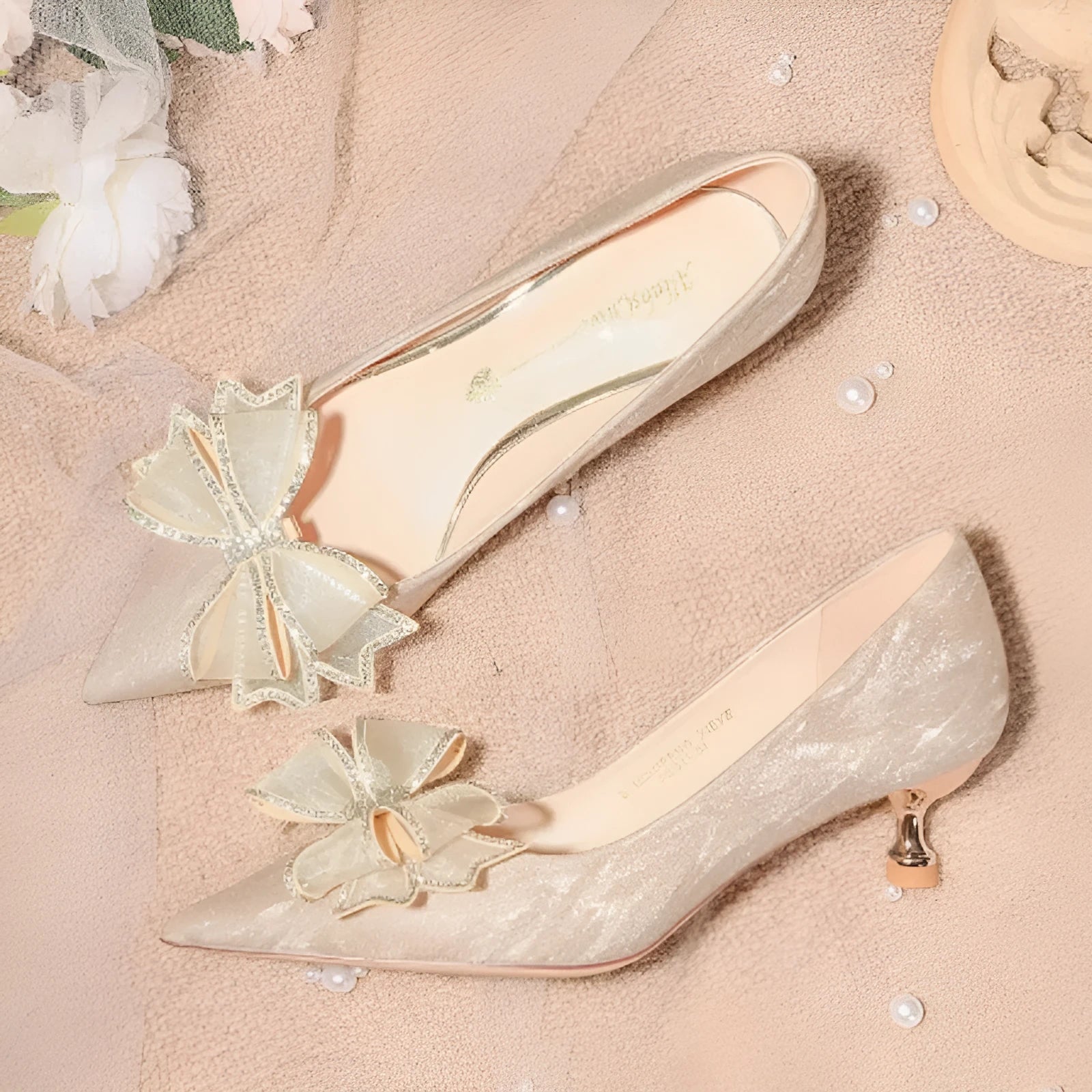 Women's champagne crystal sequinned stiletto heel pumps with pointed toe for wedding occasions