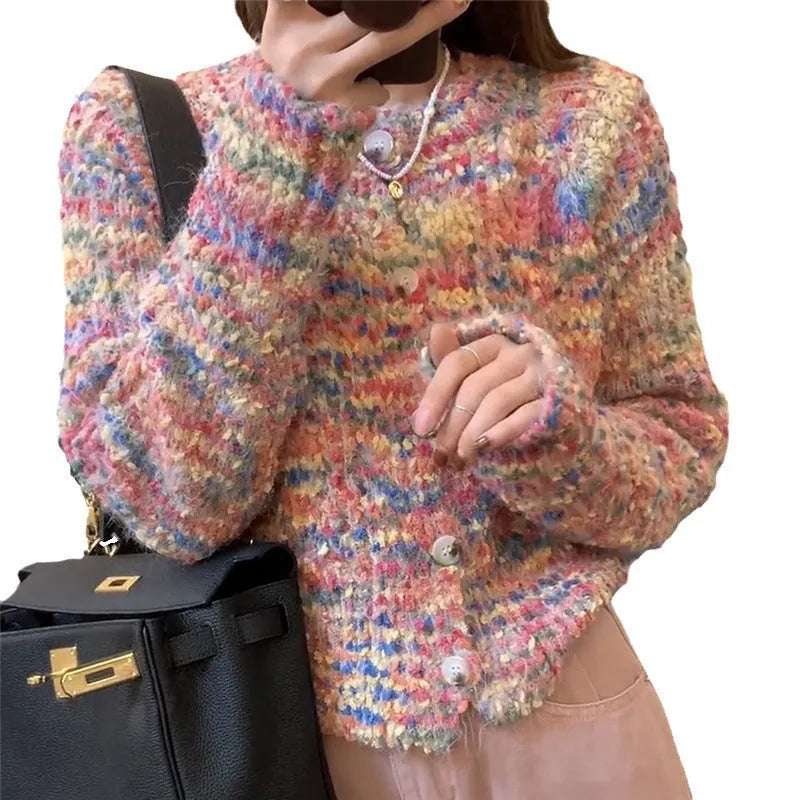 Retro style knitted cardigan in pink and green colours with slim fit design