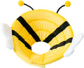 Soft white cat cone collar with a black and yellow bee design and Velcro closure.