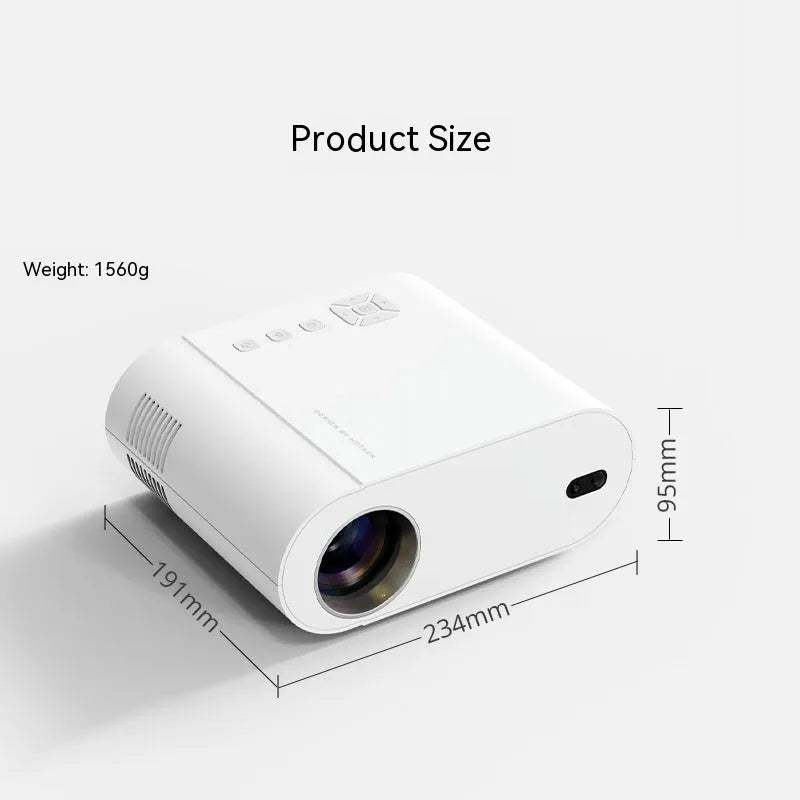 White Full HD smart projector with remote control showing 1080p resolution and Android OS