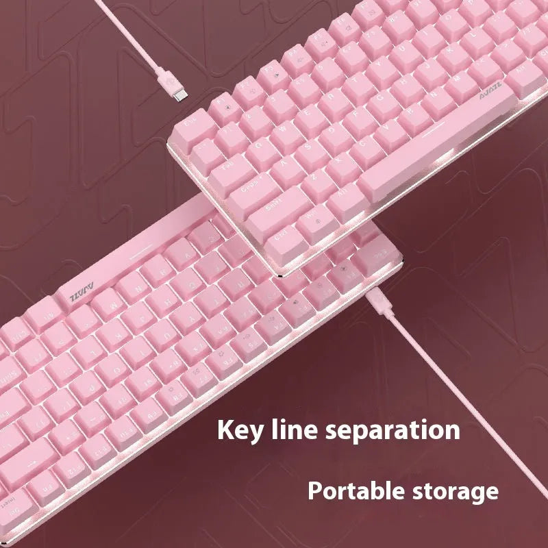 Pink mechanical gaming keyboard with 82 keys, white backlight illumination, and metal case