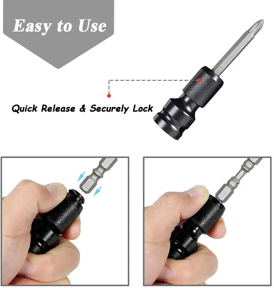 Square turn hexagonal handle telescopic bit holder scaling from 1/2 to 1/4 inch drive.