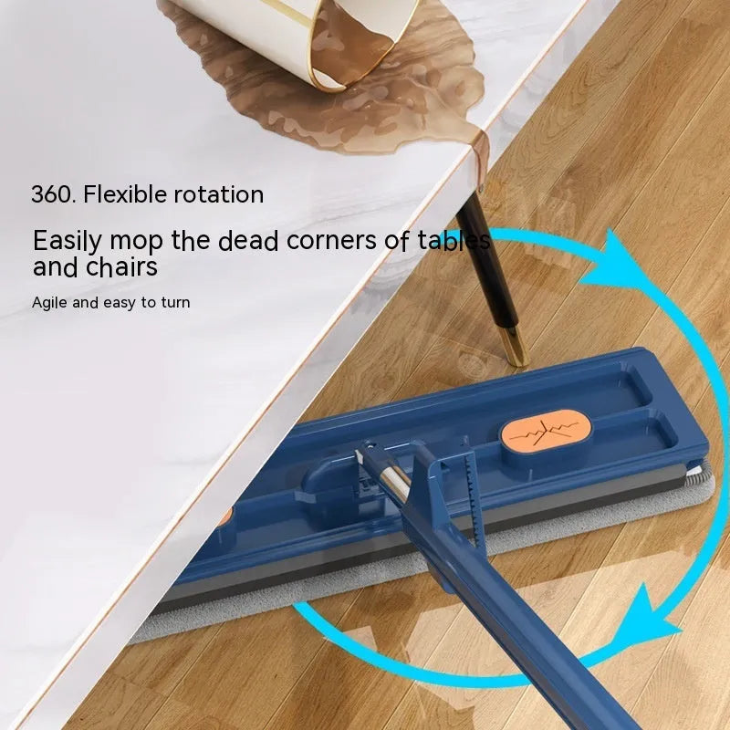 New style large flat mop with long stainless steel handle and blue cleaning cloth on a hard floor