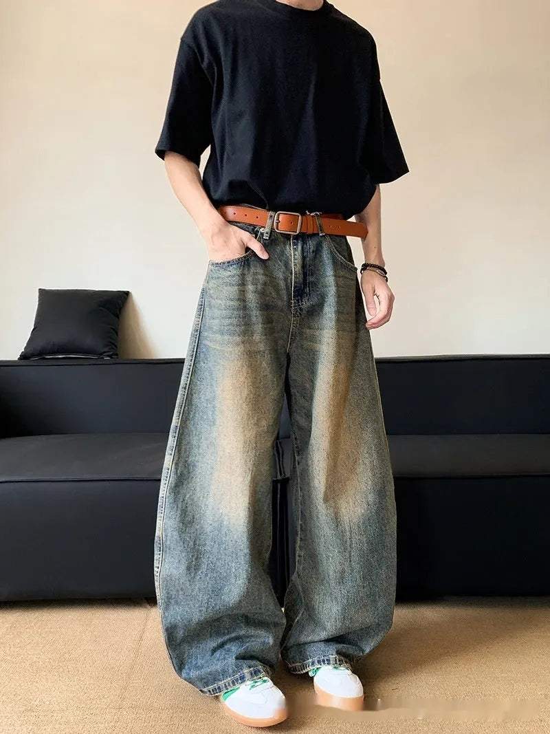 Men's retro blue distressed denim wide-leg trousers with slimming fit and mid-rise waist
