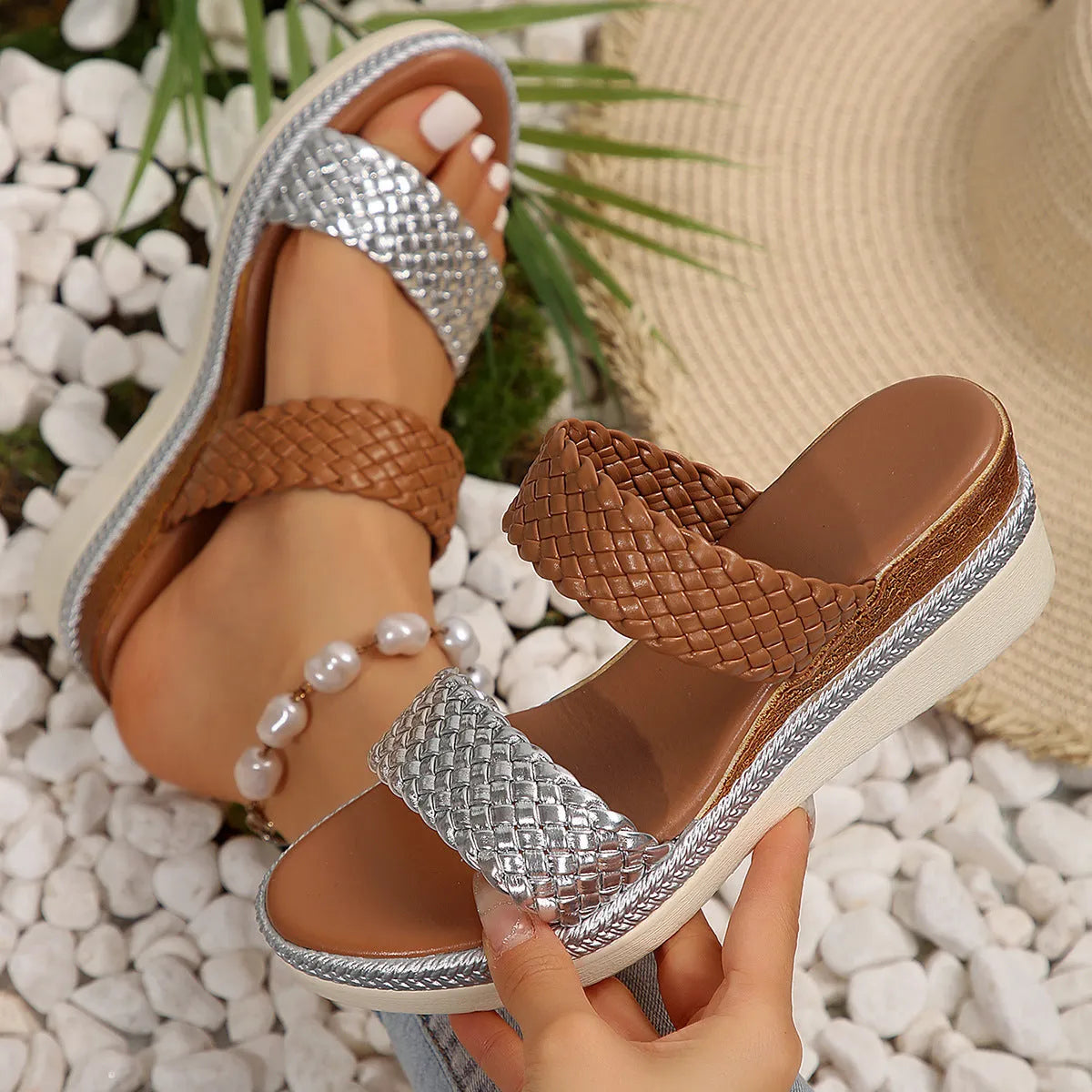 Gold and silver women's wedge sandals with PU upper and rubber sole on size chart 36-43
