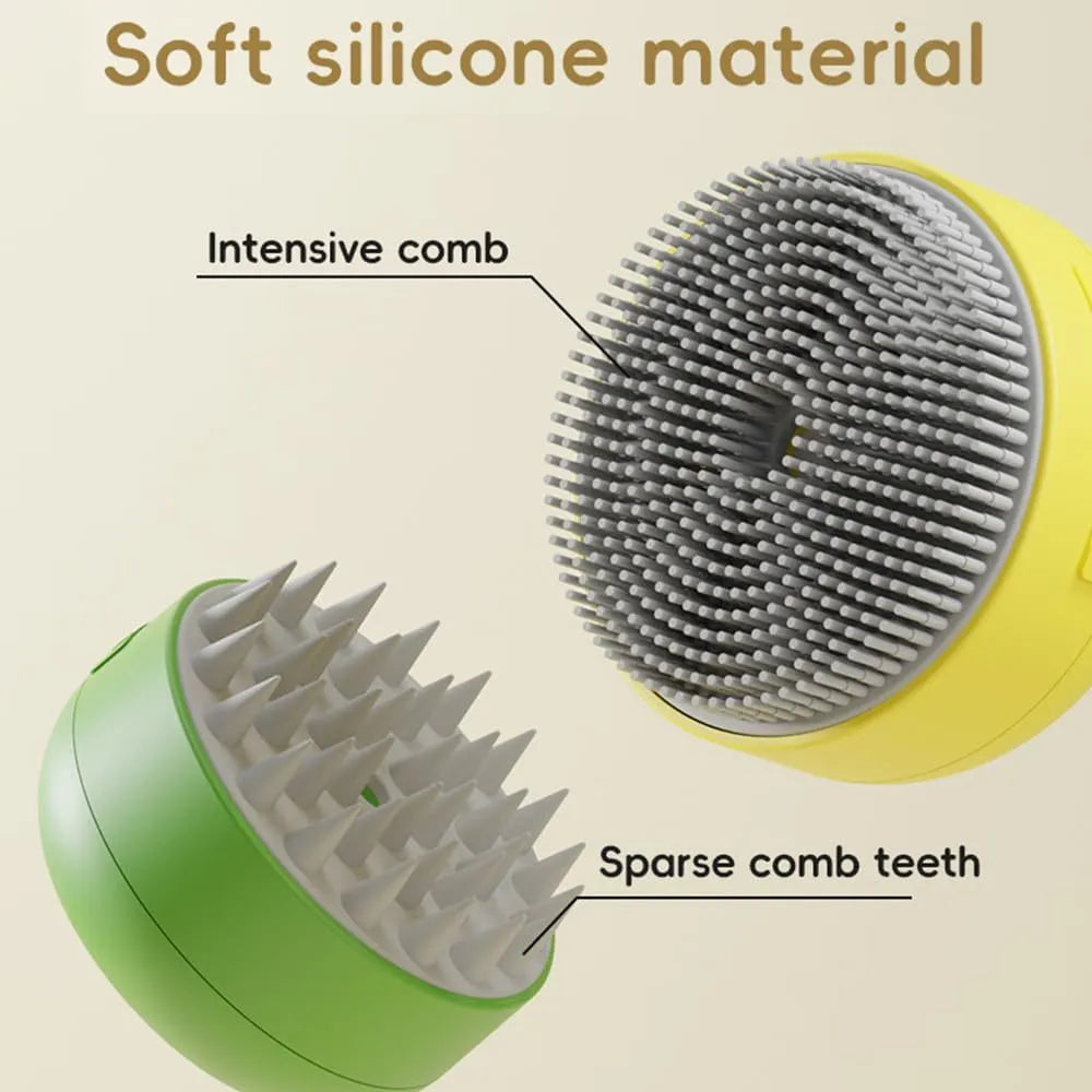 Green rechargeable cat steam brush with silicone bristles and ergonomic handle for pet grooming