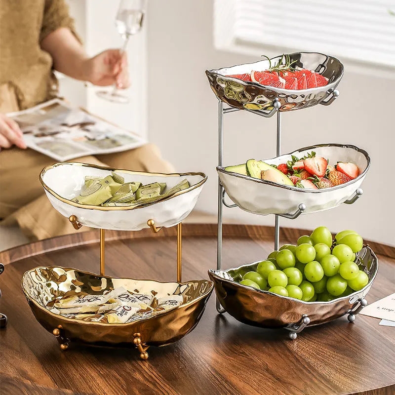 Multi-layer light luxury ceramic fruit tray with gold electroplated stone texture finish