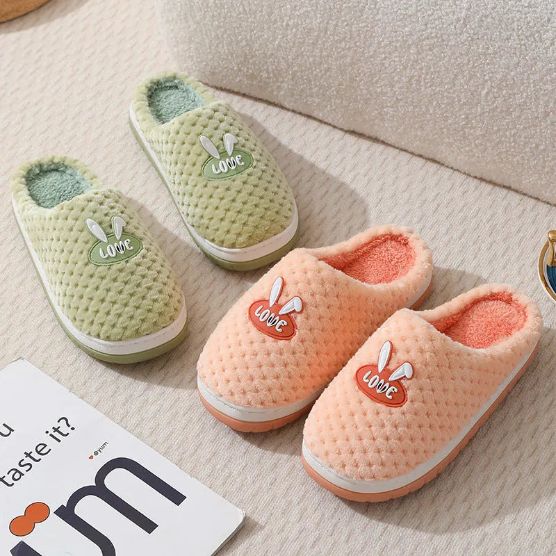 Women's plaid rabbit design artificial fur house slippers with a thick rubber sole, shown in multiple colour options.