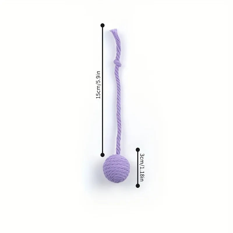 Colourful cat toy ball with rope handle and internal bell in small and medium sizes