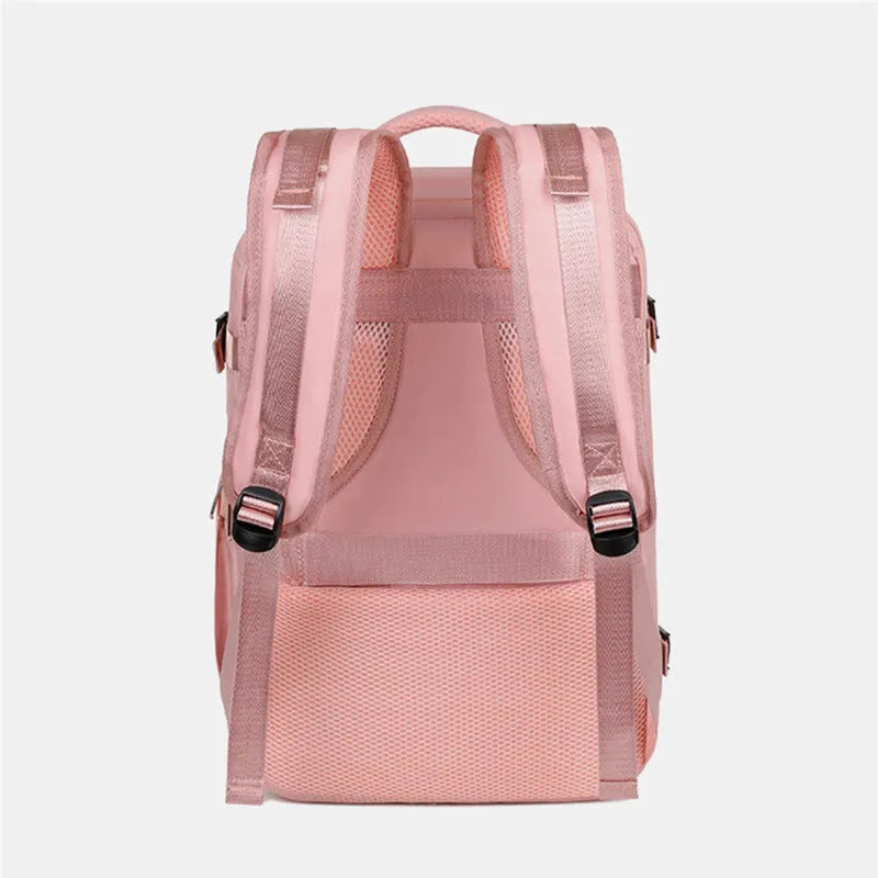 Large purple travel backpack with multiple compartments and air pillow shoulder straps