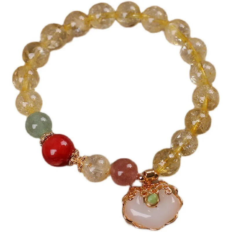 Women's pendant bracelet with natural citrine jade ruyi charm in yellow hair crystal colour