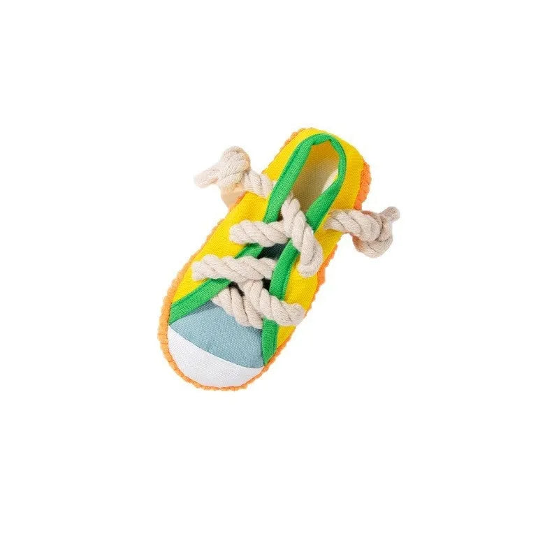Plastic dog chew toy in three colours with bendable design and sound mechanism