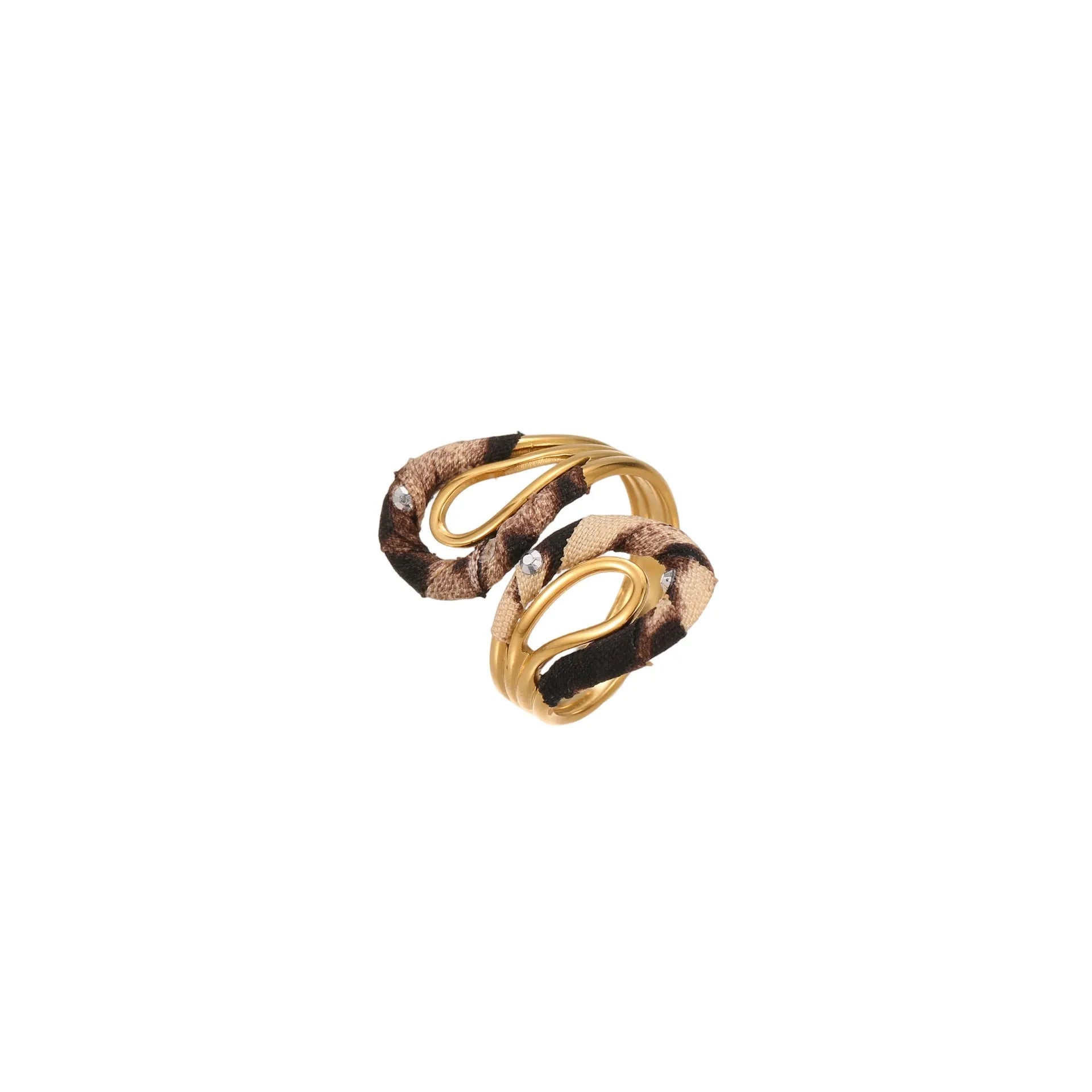 Geometric leopard print open mouth ring in stainless steel, shown in various colour options.