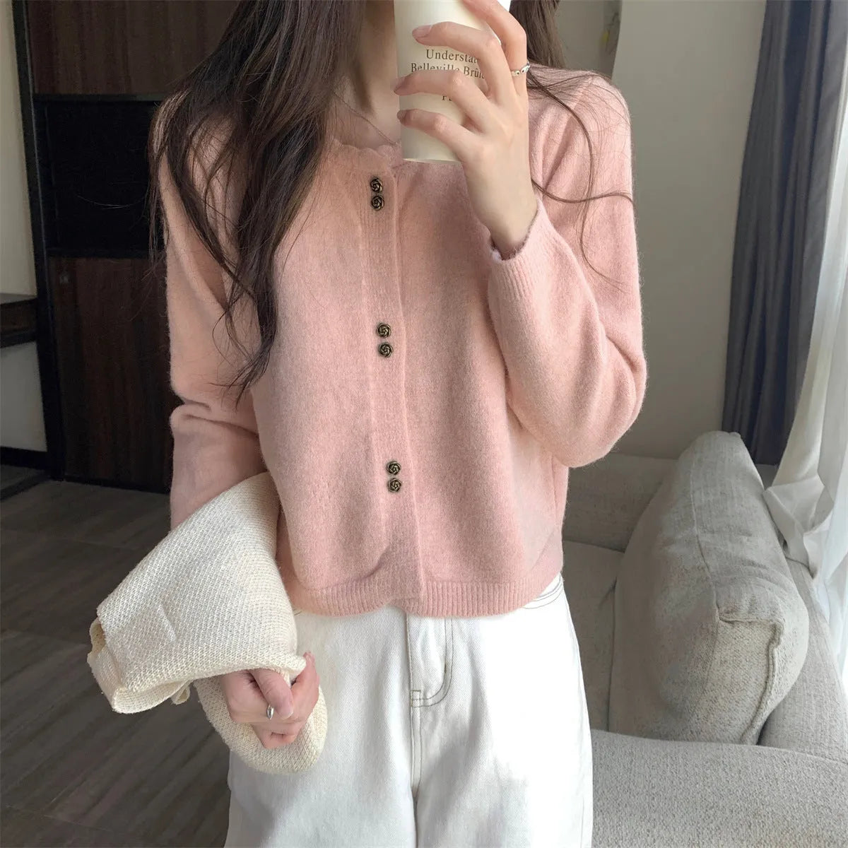 Women's long-sleeved acrylic fibre cardigan coat in multiple colours