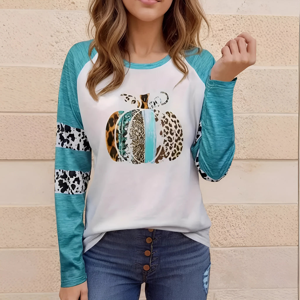 Sky blue Halloween T-shirt with 3D digital printed pumpkin design, long sleeves, regular fit