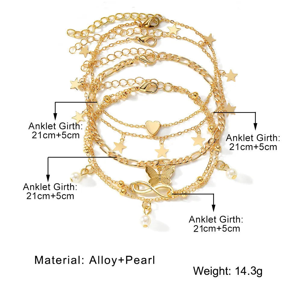 Butterfly Pearl Heart anklet 4-piece set showing layered women's ankle jewellery with charm details
