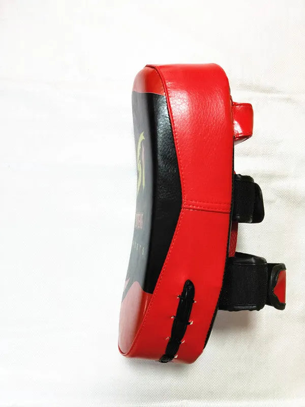 Black and red PU leather boxing Sanda hand target pad showing dimensions and double buckle strap.