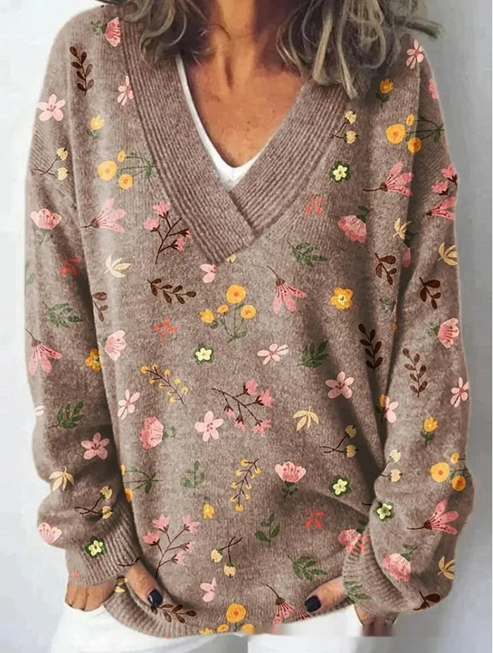 Women's V-neck long sleeve sweatshirt with a 3D printed floral pattern in a retro art style