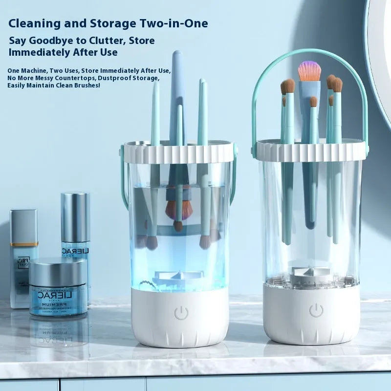 White rechargeable electric makeup brush cleaner with USB cable on a table.