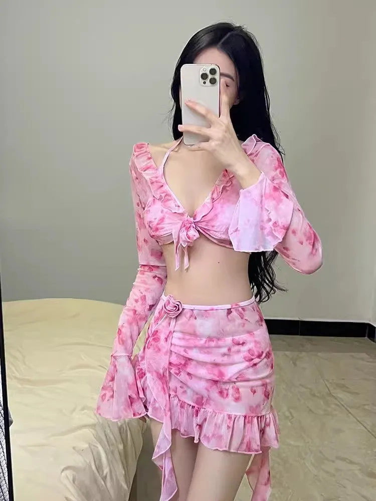 Women's floral bikini swimsuit in cherry blossom pink with Asian sizing