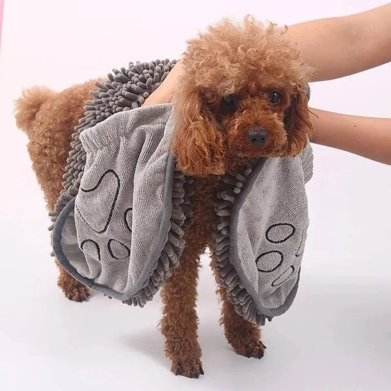 Four-layer thick pet bath robe towel measuring 62cm by 23cm in blue, grey, purple or red colours
