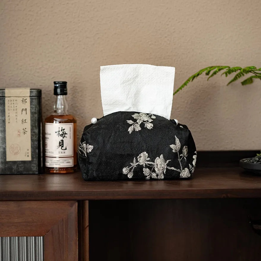 New Chinese style white plum embroidered fabric tissue box, shown with and without a pearl buckle.
