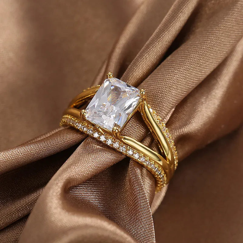 Geometric gold square zircon ring for women with European and American simple design