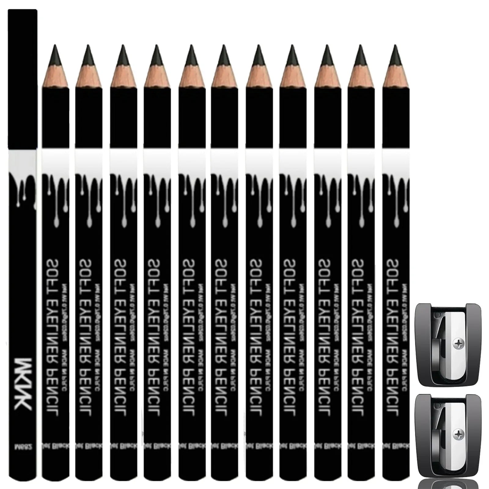 12 piece white and black waterproof eyeliner pencil set with sharpener for eyebrows, eyeshadow and lip lining