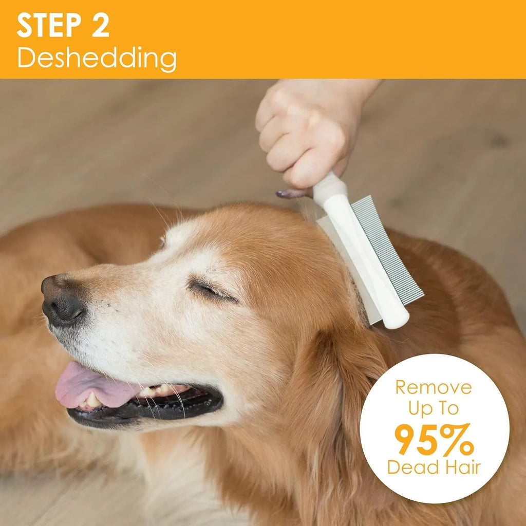 White double-sided dog and cat brush showing a grooming comb and deshedding brush head with a curved handle.