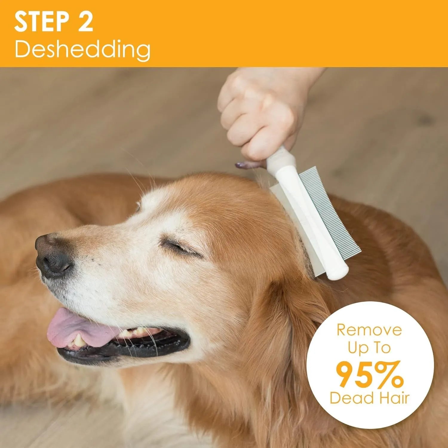 White double-sided dog and cat brush showing a grooming comb and deshedding brush head with a curved handle.